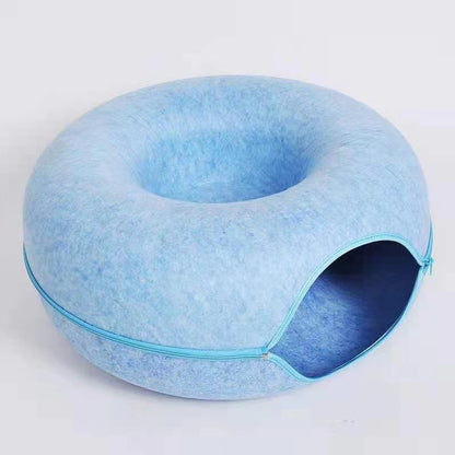 Felt Donut Cat Bed with Zipper Cat Tunnel and Cat Toy Double-Layer Pet Bed for Cats