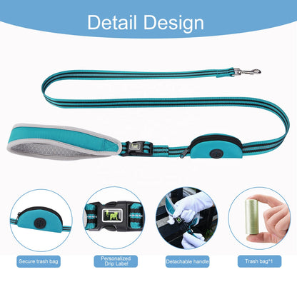 Thickened dog leash with double thickened handles and built-in poop bag dispenser