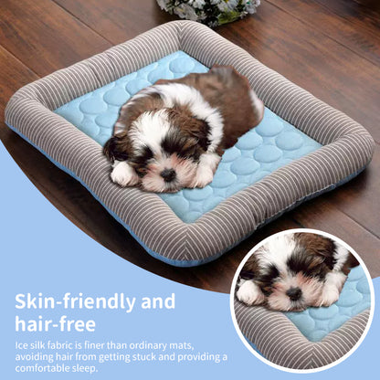 Cooling pet mats for dogs & cats (puppies/kittens): ice silk, breathable, soft summer pads in pink/blue.