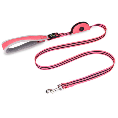 Thickened dog leash with double thickened handles and built-in poop bag dispenser
