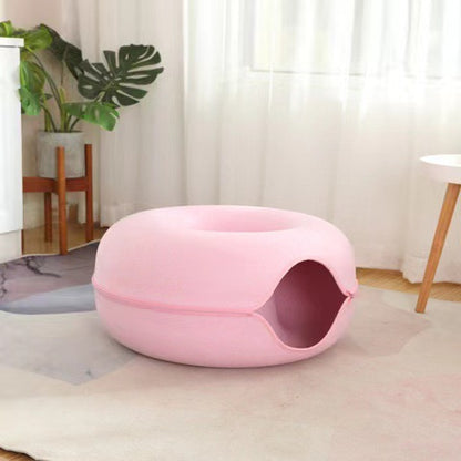 Felt Donut Cat Bed with Zipper Cat Tunnel and Cat Toy Double-Layer Pet Bed for Cats