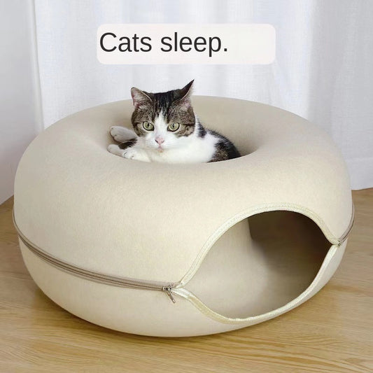 Felt Donut Cat Bed with Zipper Cat Tunnel and Cat Toy Double-Layer Pet Bed for Cats